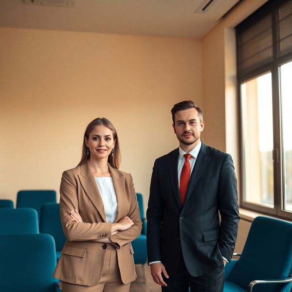 Doi profesioniști români într-o sală de întâlniri discretă în tonuri albastre